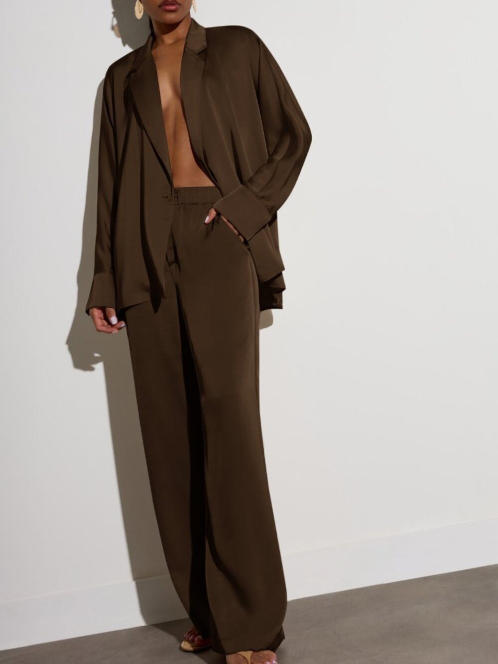 Chocolate Brown Elegant Women's High Waist Wide Leg Palazzo Trousers Fluid - Picture 2 of 6